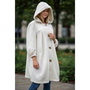 Free People Womens M/L Cream Ivory Hooded Wool Blend Coat Boho Peacoat Parka